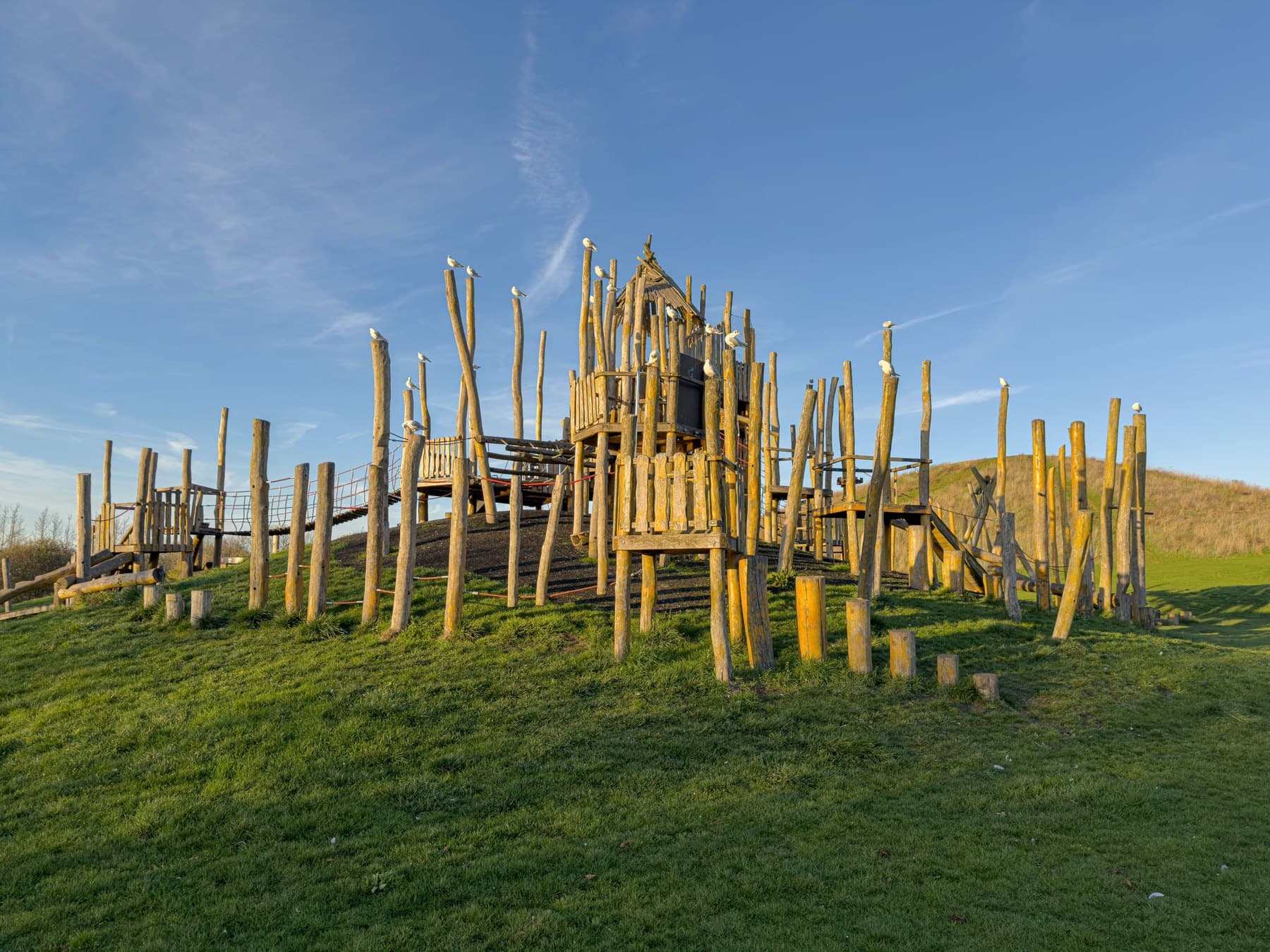 Spielplatz aus Holzbalken auf einer Wiese unter blauem Himmel