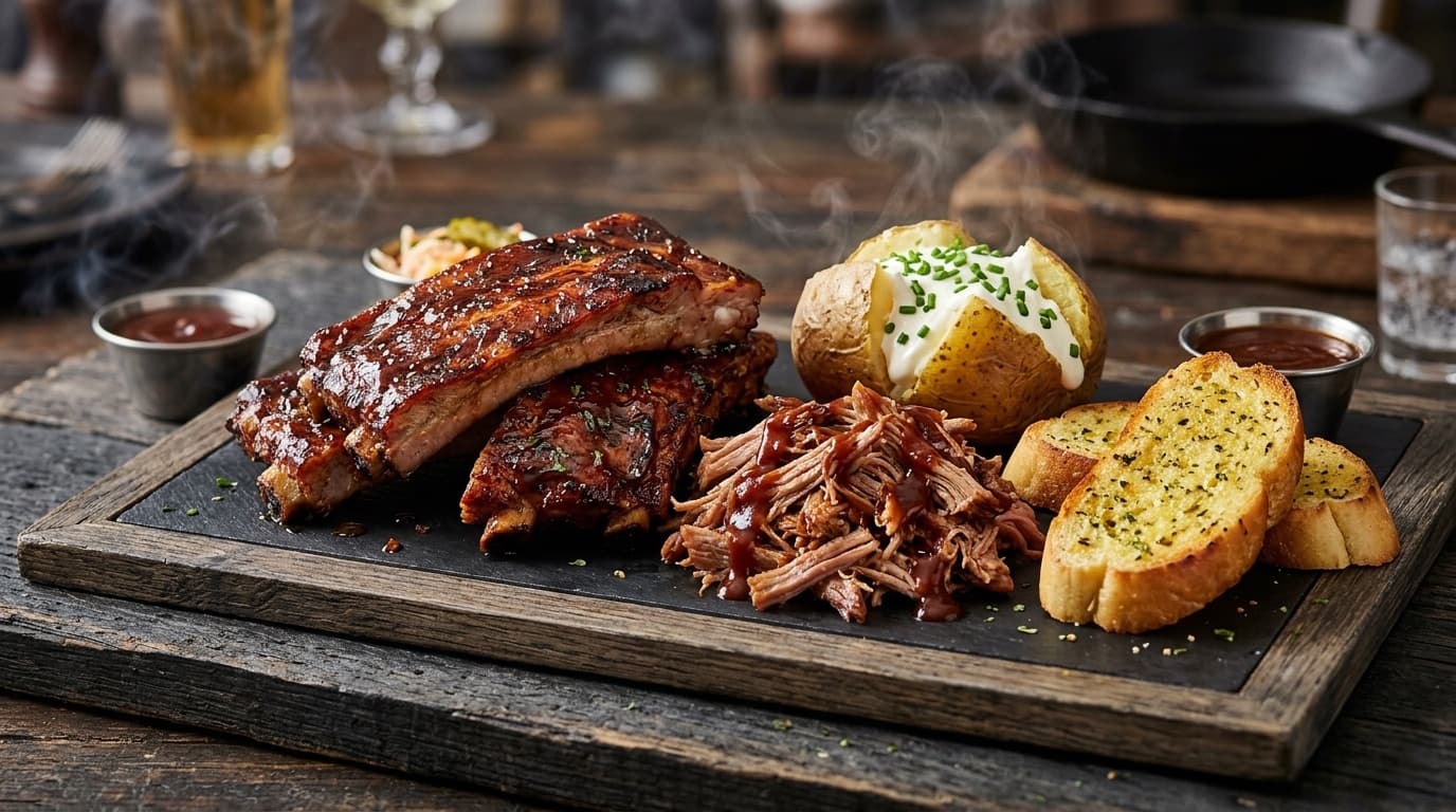 Spareribs, Pulled Pork, Ofenkartoffel und Knoblauchbrot auf einem Holzbrett